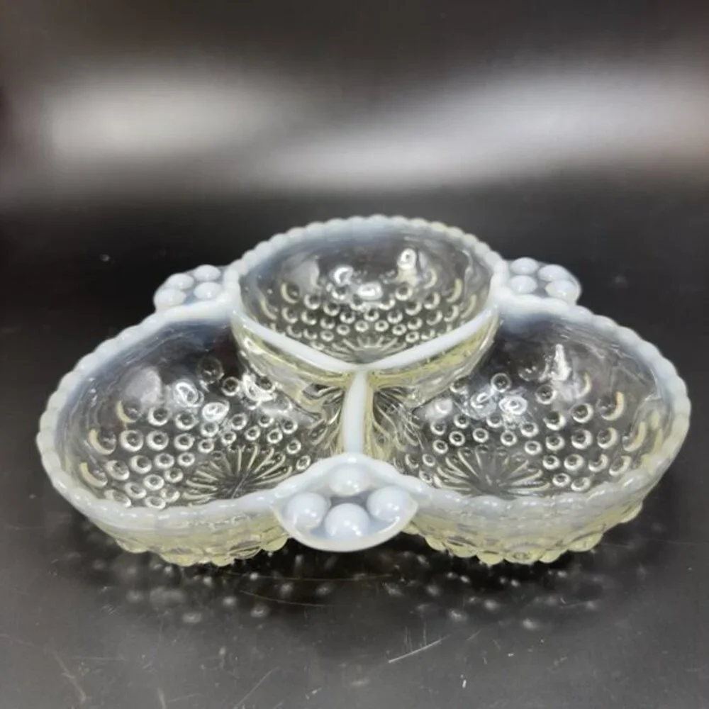 Anchor Hocking Moonstone Clear Opalescent Hobnail Relish Dish 3 Parts Glass Dish